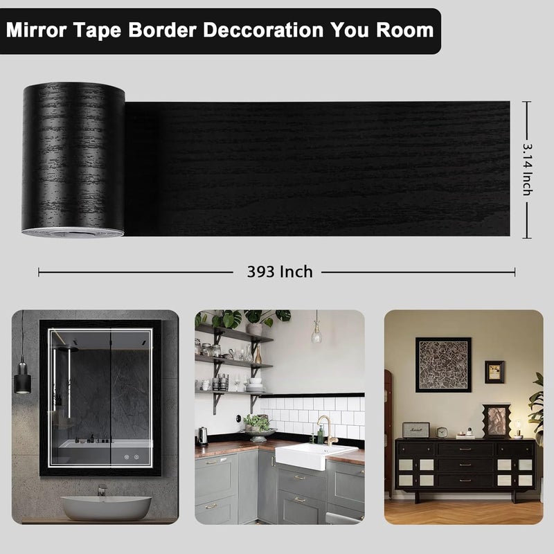 Alened 10M Black Wood Grain Mirror Tape Border Peel and Stick Wallpaper, Removable PVC Waterproof Bathroom Mirror Frame Sticker Trim, Kitchen Wallpaper Self Adhesive Decor Sticker 3.14" x 393" - Image 4